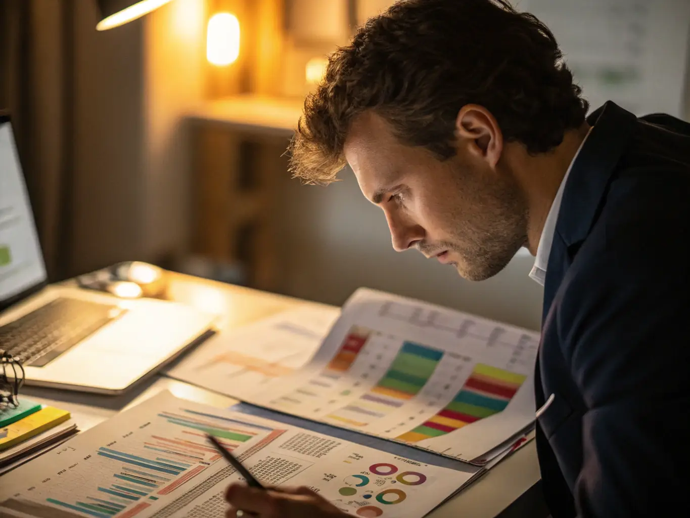 A planner reviewing financial documents and charts with a South African cityscape in the background, symbolizing strategic financial planning within the local economic context.