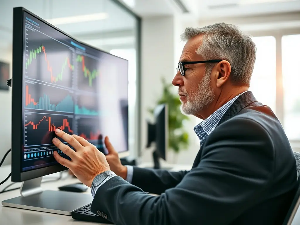An image of a financial advisor analyzing investment portfolios with South African market graphs, showcasing data-driven insights and strategic decision-making.