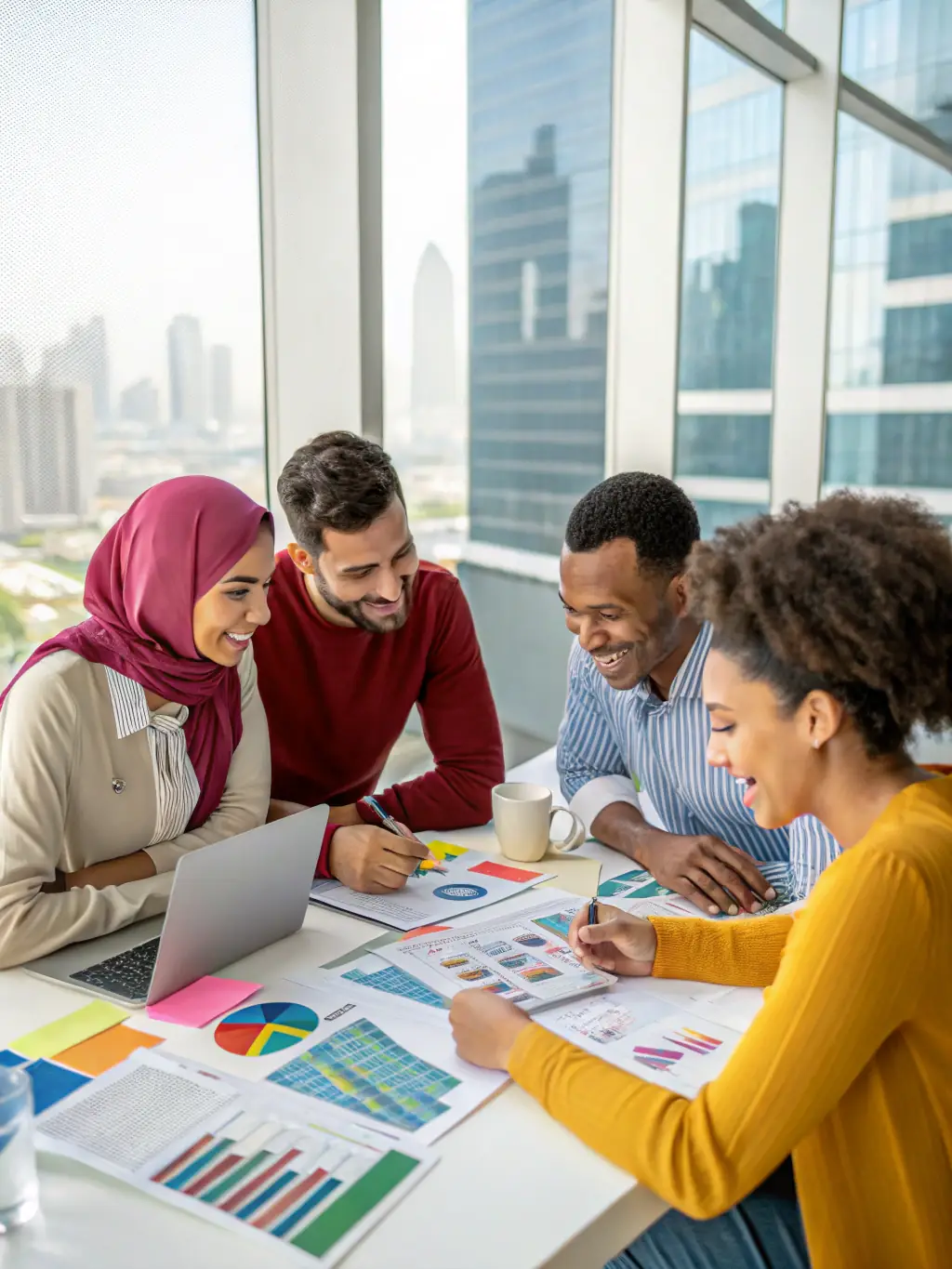 A diverse group of South African professionals collaborating on financial documents, illustrating strategic financial planning.